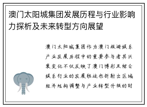 澳门太阳城集团发展历程与行业影响力探析及未来转型方向展望